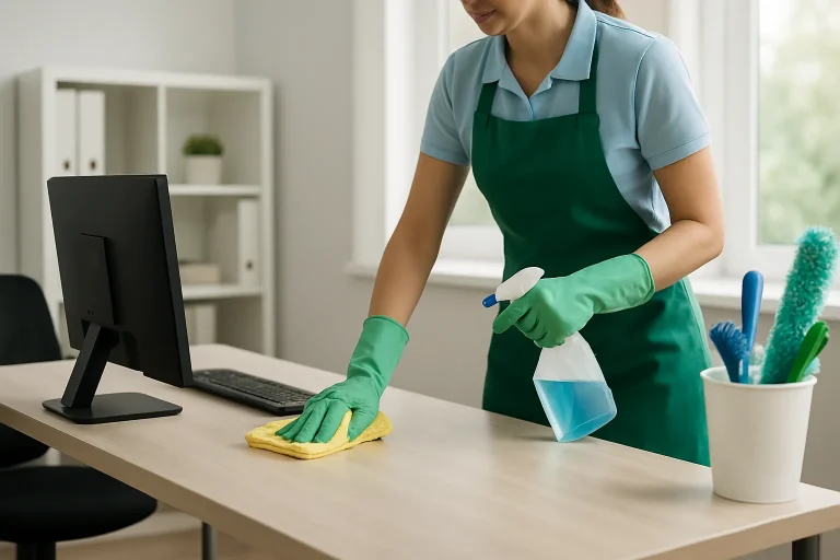 Un agent de nettoyage professionnel nettoyant un bureau à Raismes, montrant un environnement de travail propre.
