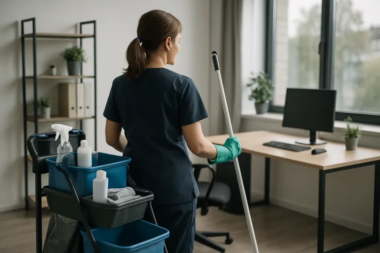 Bureau propre à Wingles avec des fournitures de nettoyage sur le côté.