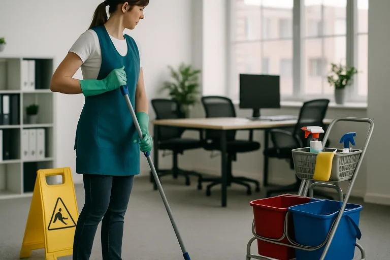Équipe de nettoyage professionnelle dans un bureau à Lens, utilisant des produits écologiques.