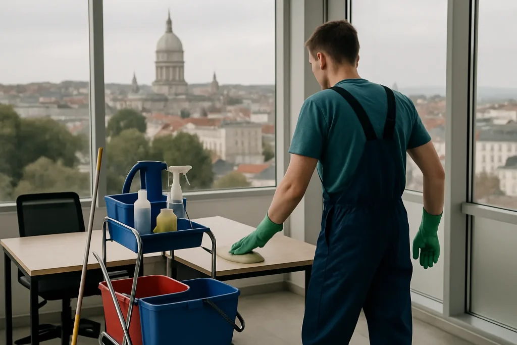 Équipe de nettoyage professionnelle nettoyant un bureau moderne à Boulogne-Sur-Mer.