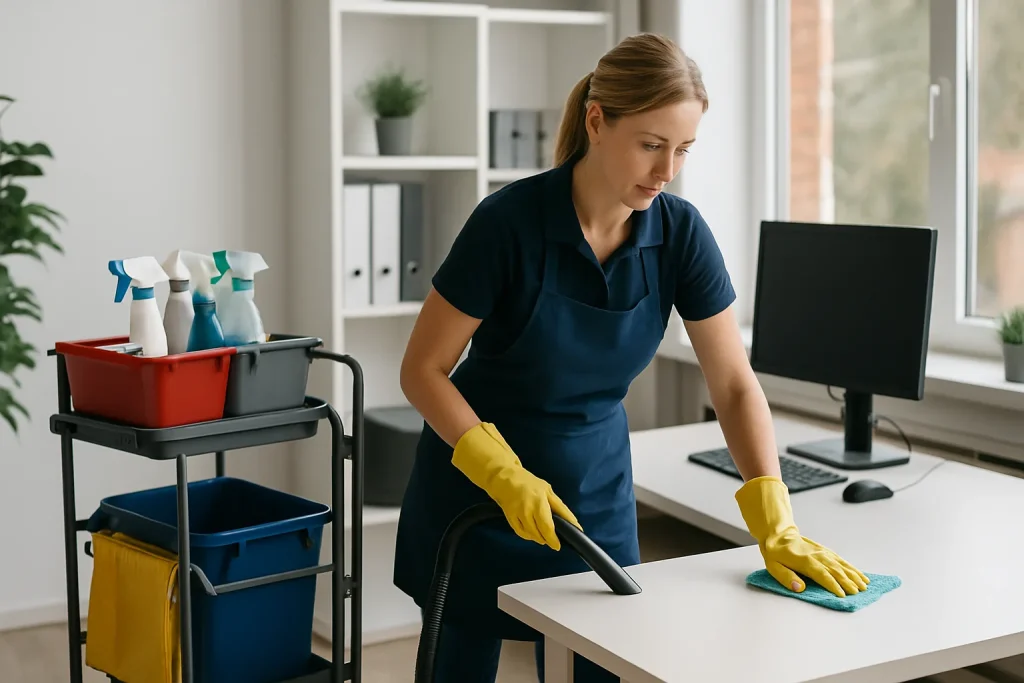 Équipe de nettoyage professionnelle à Jeumont utilisant des équipements modernes dans un bureau.
