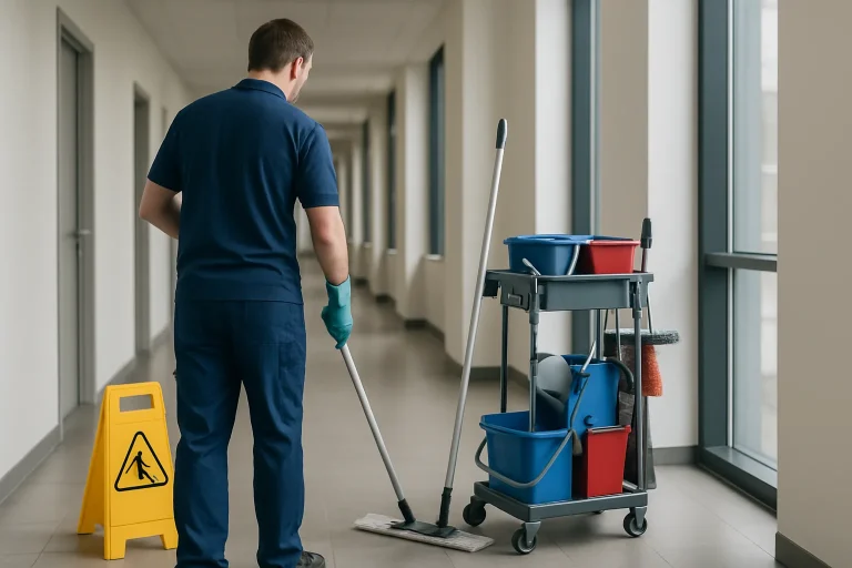 Technicien de nettoyage dans un bureau à Hirson, utilisant des équipements modernes.