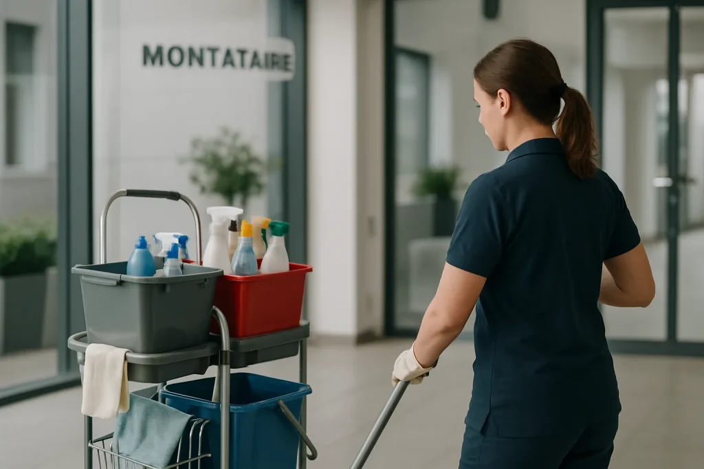 Technicien nettoyant une vitrine dans un quartier de Montataire.