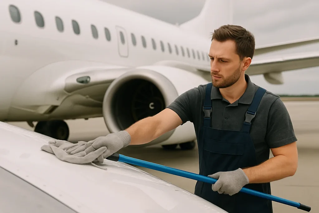 Des professionnels du nettoyage dans un bureau à Avion, utilisant des produits écologiques.