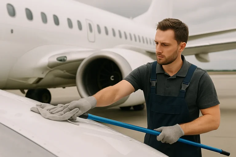 Des professionnels du nettoyage dans un bureau à Avion, utilisant des produits écologiques.