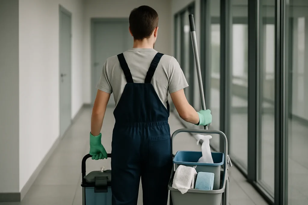 Technicien de nettoyage à Houplines utilisant des équipements modernes dans un bureau.
