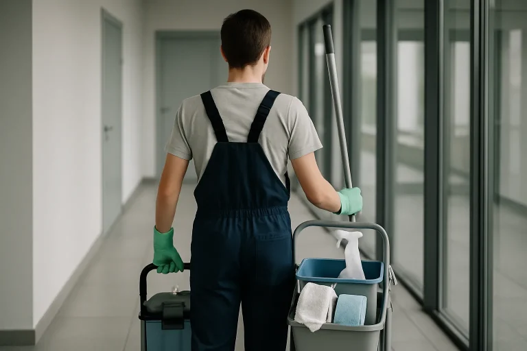 Technicien de nettoyage à Houplines utilisant des équipements modernes dans un bureau.