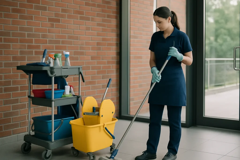 Une femme nettoyant un bureau moderne à Marquette-Lez-Lille avec des produits de nettoyage.