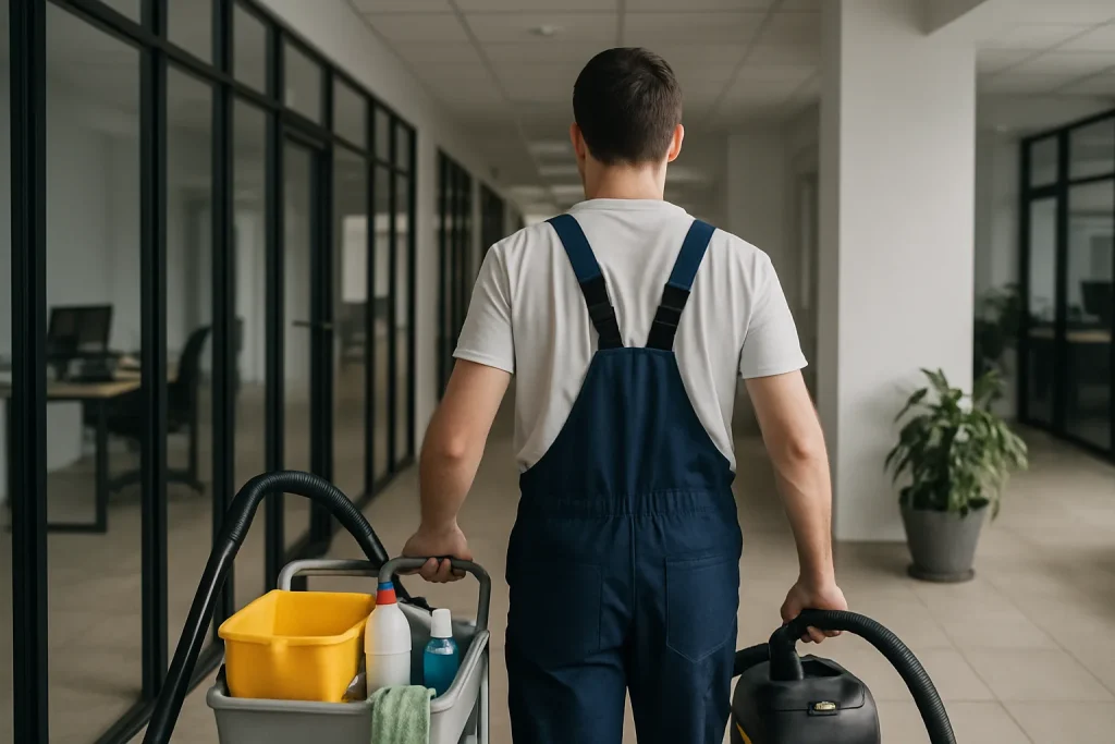 Technicien de nettoyage professionnel travaillant dans un bureau à Mons-En-Barœul.