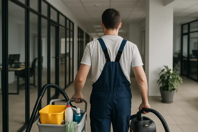 Technicien de nettoyage professionnel travaillant dans un bureau à Mons-En-Barœul.