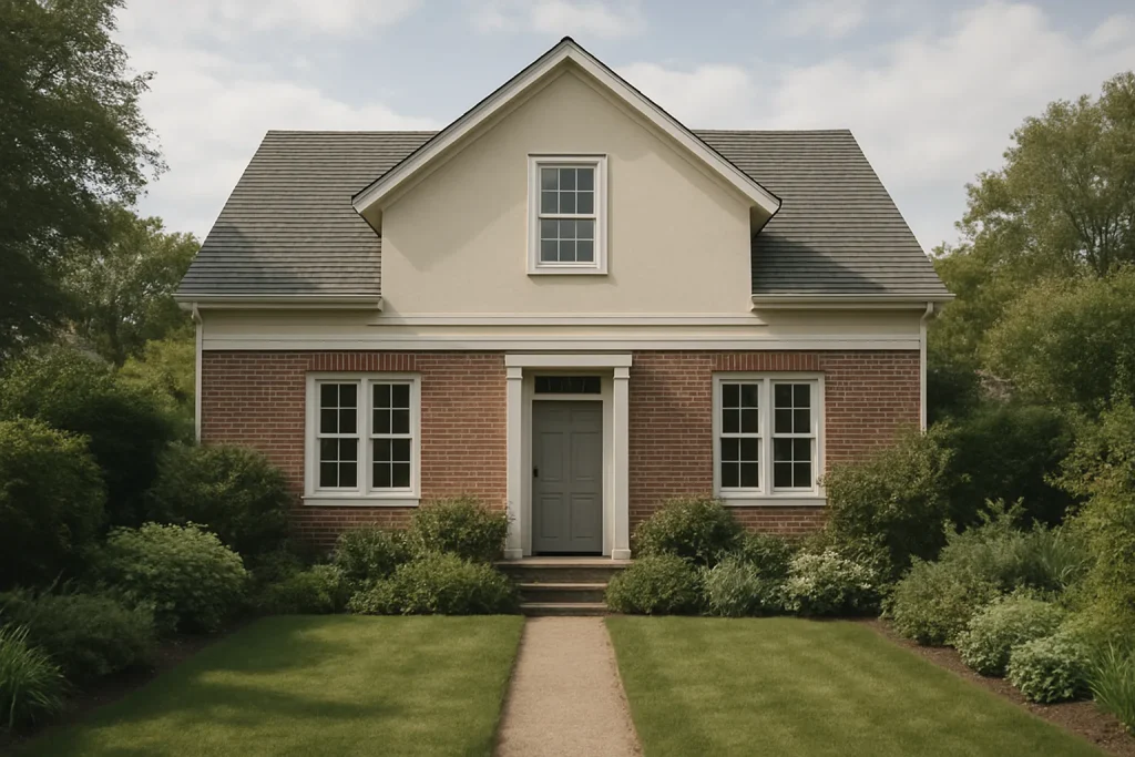 Façade d'une maison avec jardin, sous un ciel légèrement nuageux.