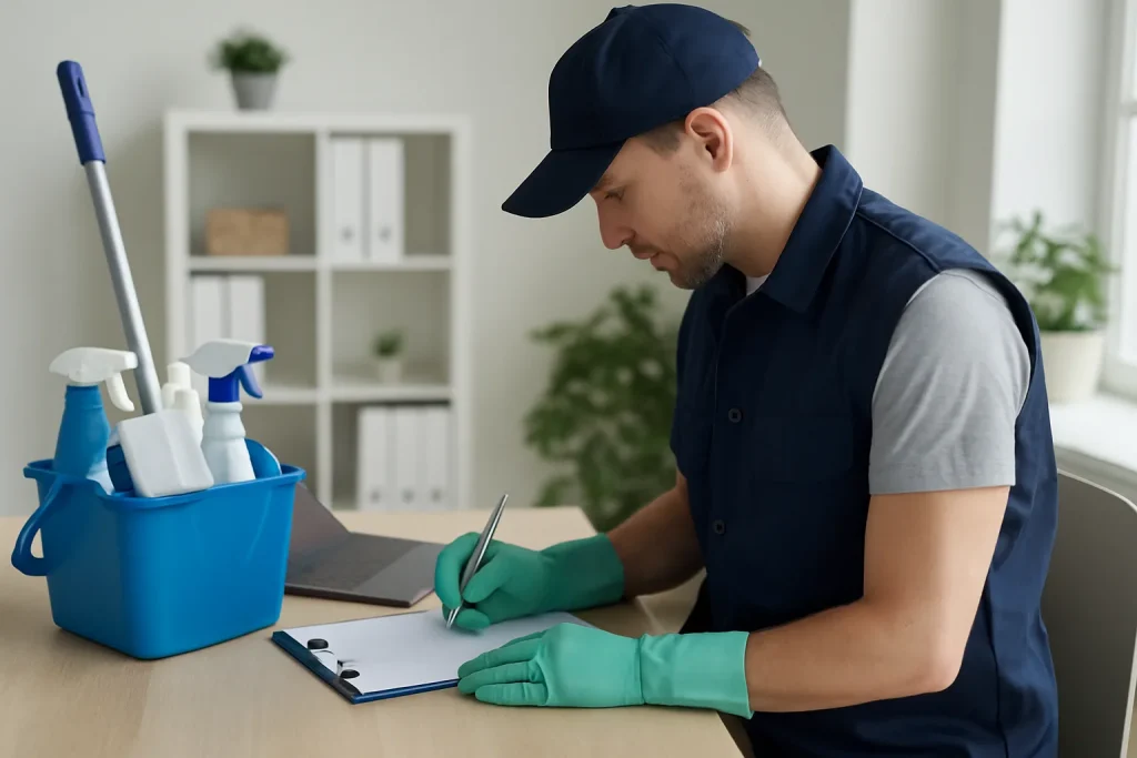 Bureau avec produits de nettoyage à Saint-Quentin, prêt pour un entretien.