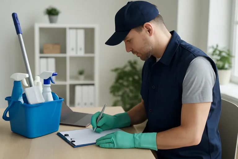 Bureau avec produits de nettoyage à Saint-Quentin, prêt pour un entretien.