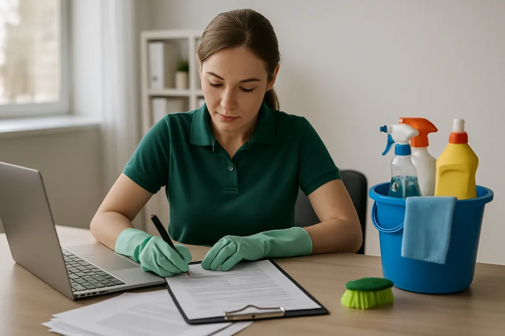 Technicien de nettoyage dans un bureau à Lamorlaye, en train de désinfecter une surface.