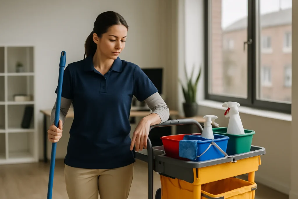Un nettoyeur professionnel travaillant dans un bureau moderne à Albert avec des produits écologiques.