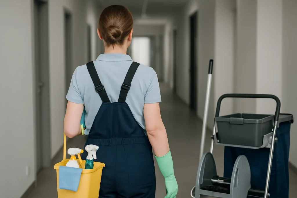 Deux agents de nettoyage en uniforme nettoient un bureau moderne à Mazingarbes.