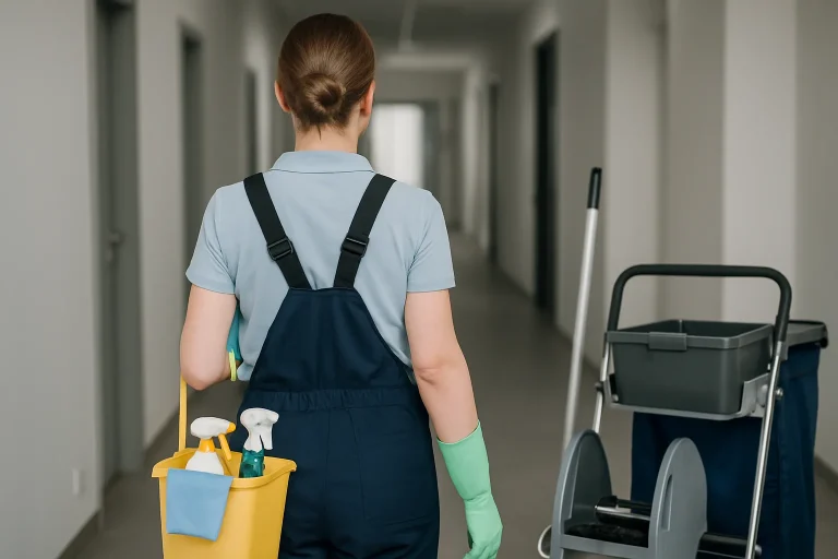 Deux agents de nettoyage en uniforme nettoient un bureau moderne à Mazingarbes.