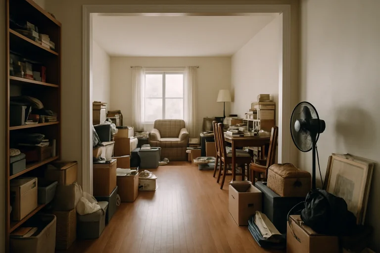 Intérieur d'une maison fortement encombrée avec divers objets, nécessitant un nettoyage après décès