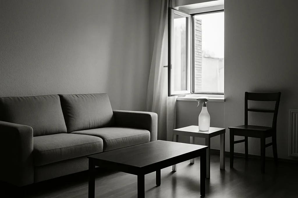Appartement minimaliste désinfecté, lumière du jour entrant par une fenêtre.