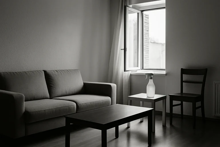 Appartement minimaliste désinfecté, lumière du jour entrant par une fenêtre.