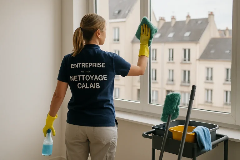 Personnel de nettoyage professionnel s'occupant d'un bureau à Calais, avec des équipements modernes.