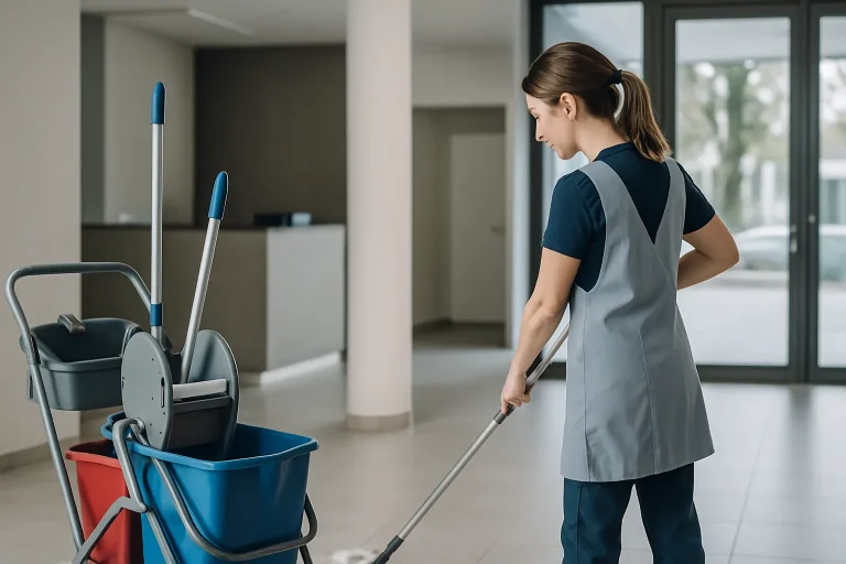 Un professionnel du nettoyage à Haubourdin utilisant un aspirateur dans un bureau.