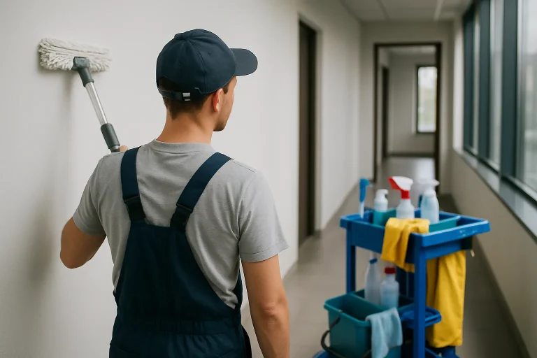 Un agent de nettoyage s'active dans un bureau à Ardres, utilisant des produits écologiques.