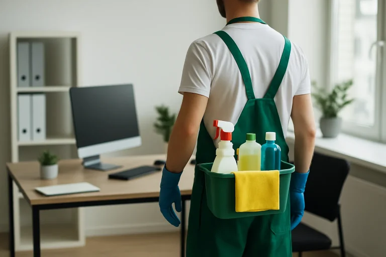 Un professionnel du nettoyage nettoyant un bureau moderne à Halluin, avec lumière naturelle.