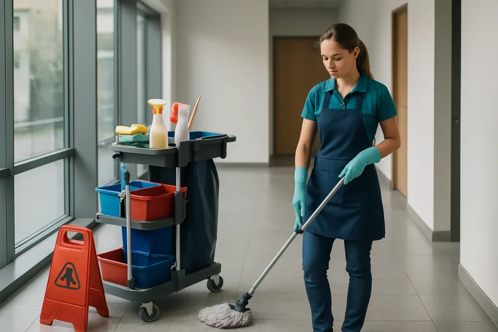 Équipe de nettoyage professionnelle à Méru, nettoyant un bureau avec des équipements modernes.