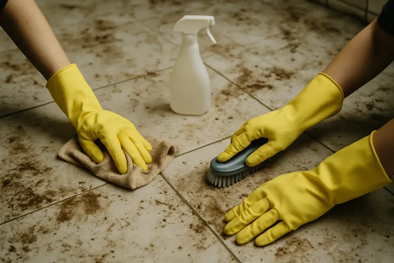 Mains gantées nettoyant un sol très sale avec des outils de nettoyage.