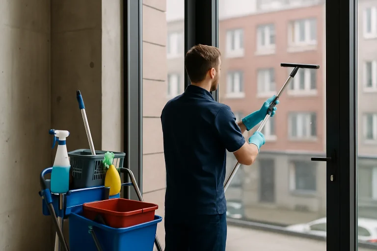 Équipe de nettoyage en action dans un bureau à Lille, avec matériel moderne.