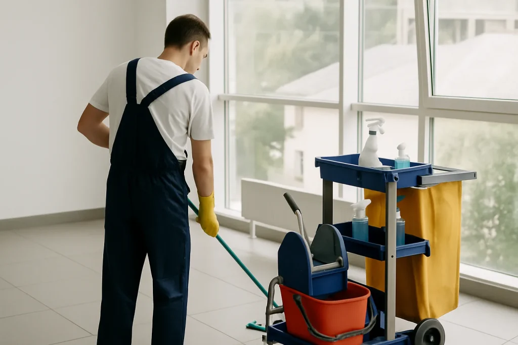 Un nettoyeur professionnel effectuant des travaux de nettoyage dans un bureau à Bruay-La-Buissière.