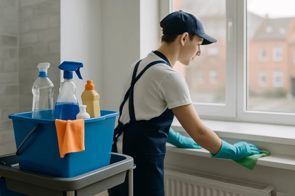 Technicien de nettoyage dans un bureau à Bully-Les-Mines, aspirateur en main.