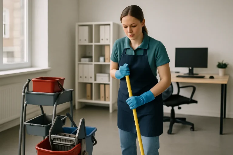 Technicien de nettoyage dans un bureau moderne à Roubaix, utilisant des produits écologiques.