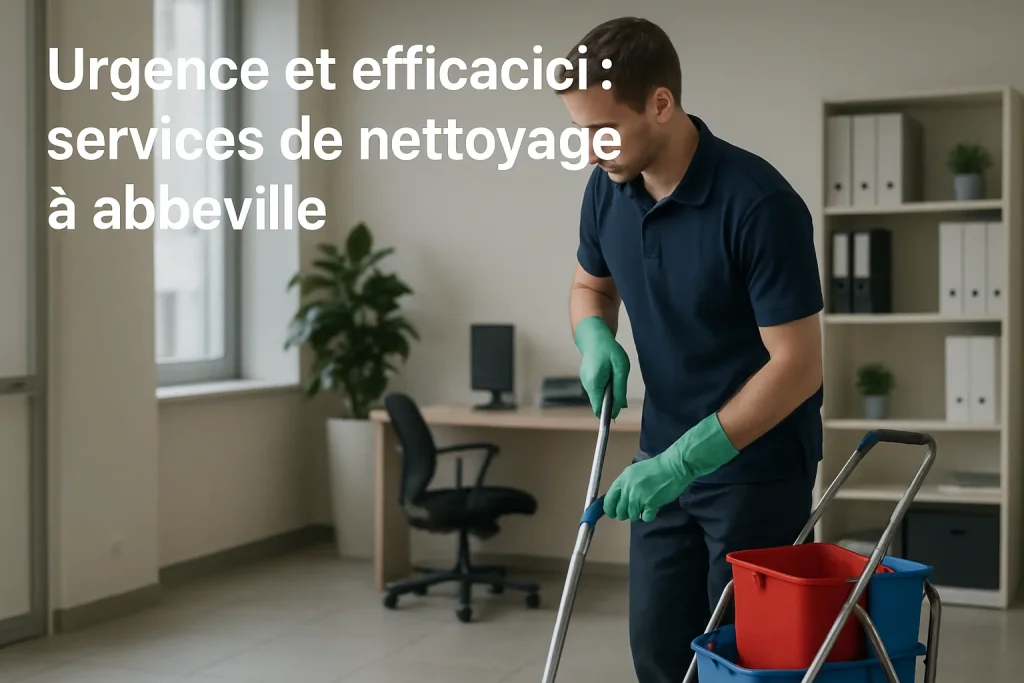 Équipe de nettoyage en pleine action dans un bureau à Abbeville avec matériel moderne.