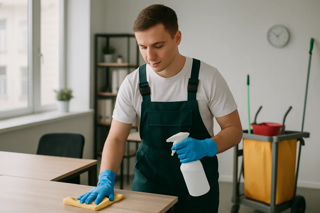 Un homme en uniforme nettoie un bureau moderne à Tourcoing avec des équipements professionnels.