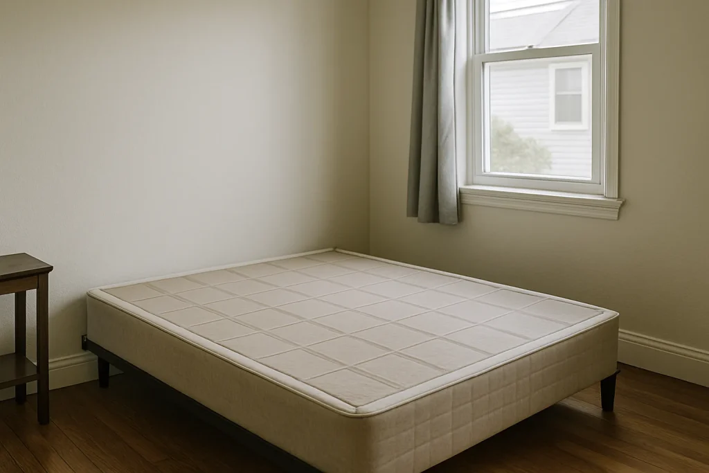 Chambre à coucher avec sommier sans matelas, lumière douce, coins de la pièce visibles.