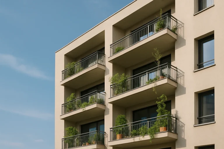 Façade d'un immeuble résidentiel avec balcons et plantes sous un ciel bleu