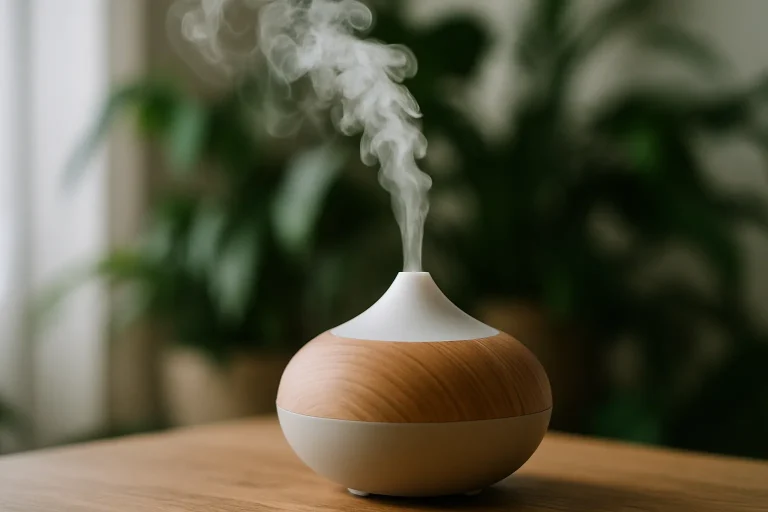 Diffuseur d'huiles essentielles libérant de la vapeur parfumée, lumière naturelle