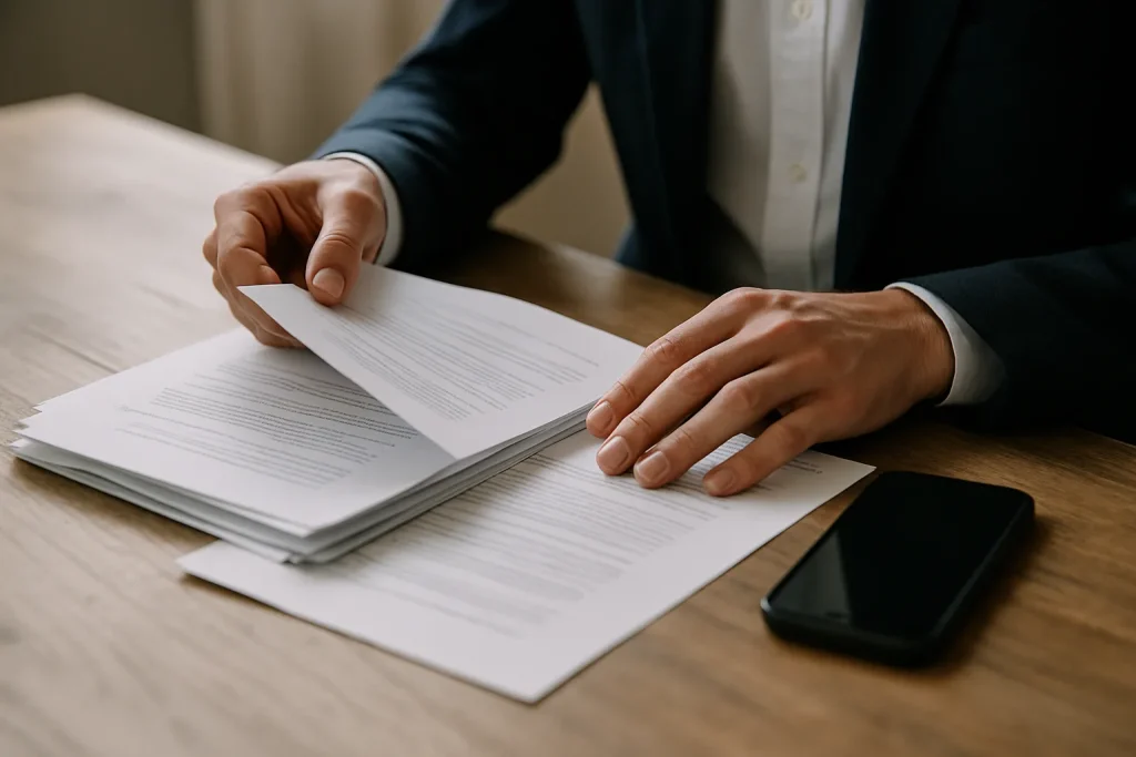 Mains feuilletant des documents avec un téléphone à côté pour obtenir un devis rapide