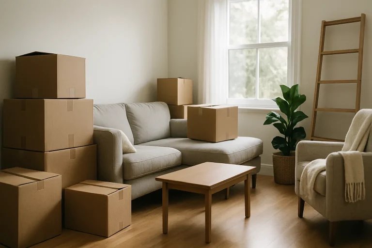Un salon rempli de cartons et de meubles à organiser avant une vente