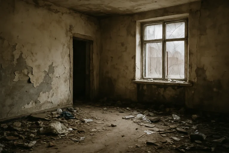 Intérieur d'un logement avec murs défraîchis et déchets au sol, éclairé par une fenêtre cassée.