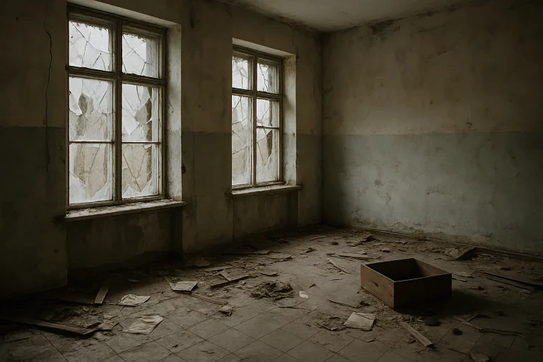 Intérieur d'une pièce abandonnée avec fenêtres brisées et objets éparpillés