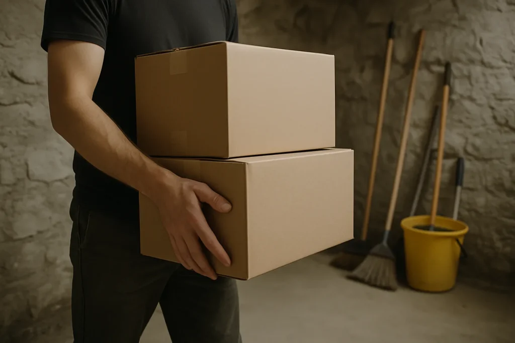 Personnes déplaçant des cartons dans une cave avec outils de nettoyage visibles.