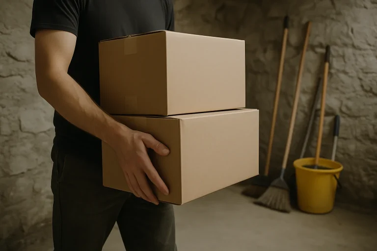 Personnes déplaçant des cartons dans une cave avec outils de nettoyage visibles.