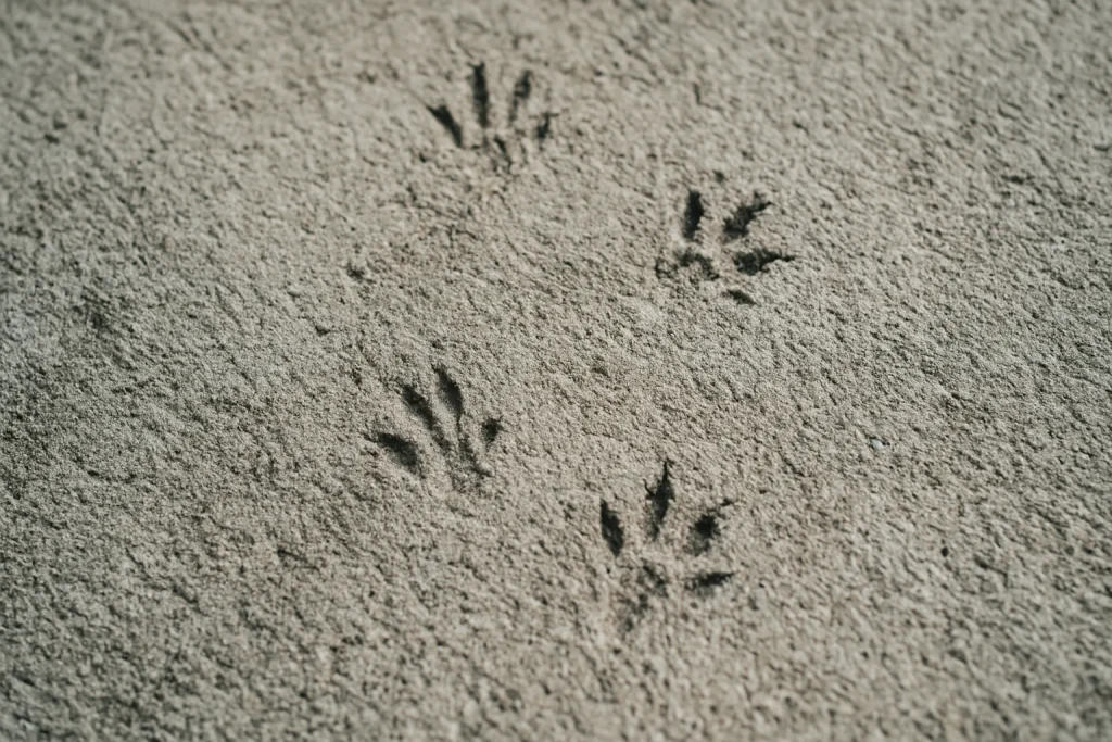 Surface en béton avec des traces de pattes de rats, lumière naturelle, gros plan.
