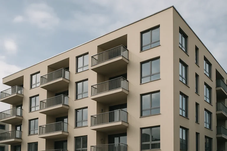 Immeuble résidentiel moderne avec balcons et fenêtres, ciel nuageux