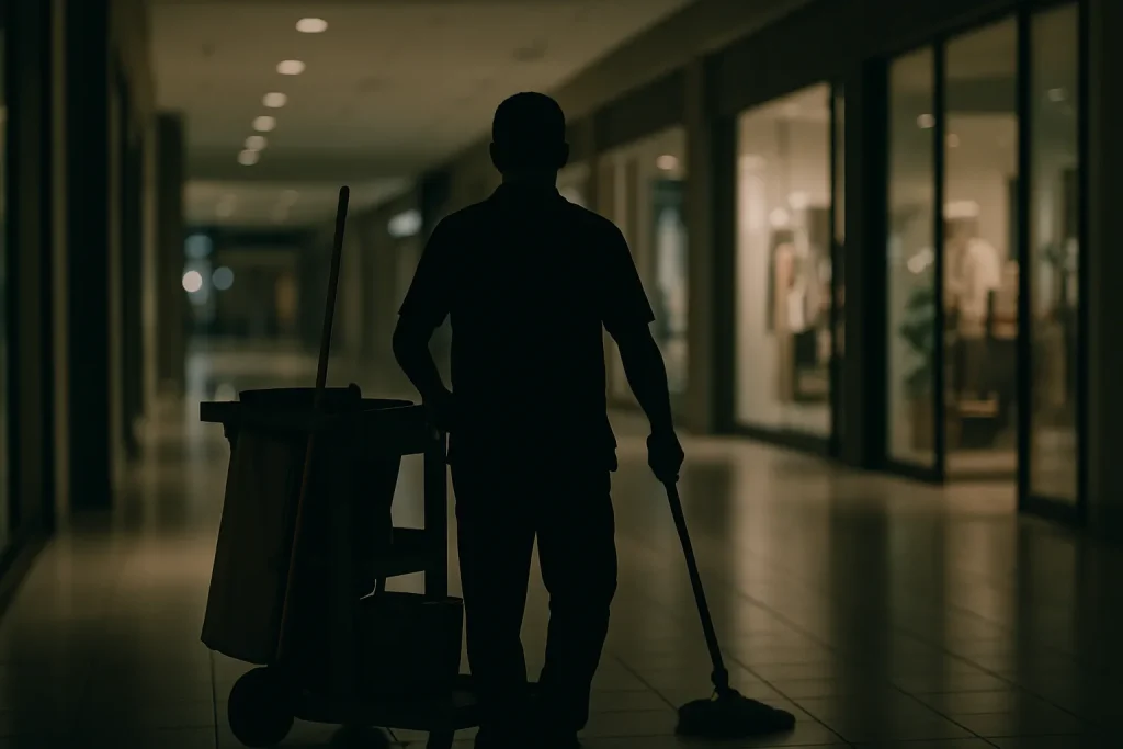Agent de nettoyage de dos dans un centre commercial, éclairage nocturne