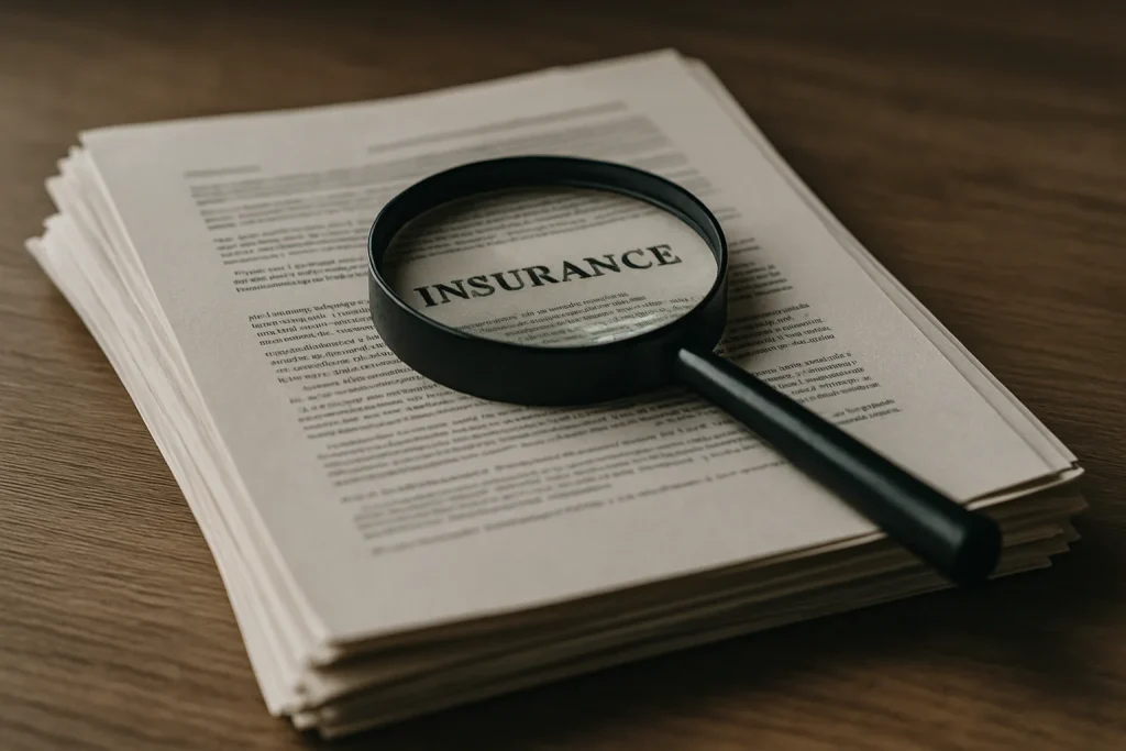 Pile de contrats d'assurance avec une loupe, lumière latérale douce