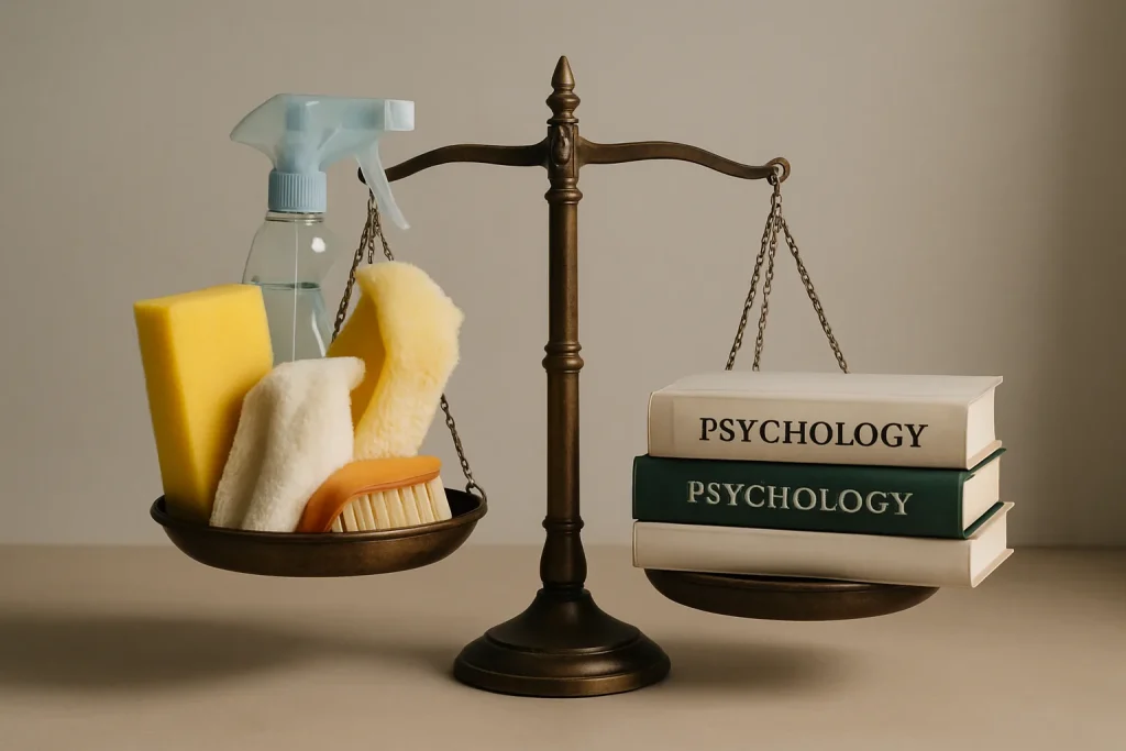 Balance symbolique illustrant l'intervention sociale et le nettoyage pour le syndrome de Diogène